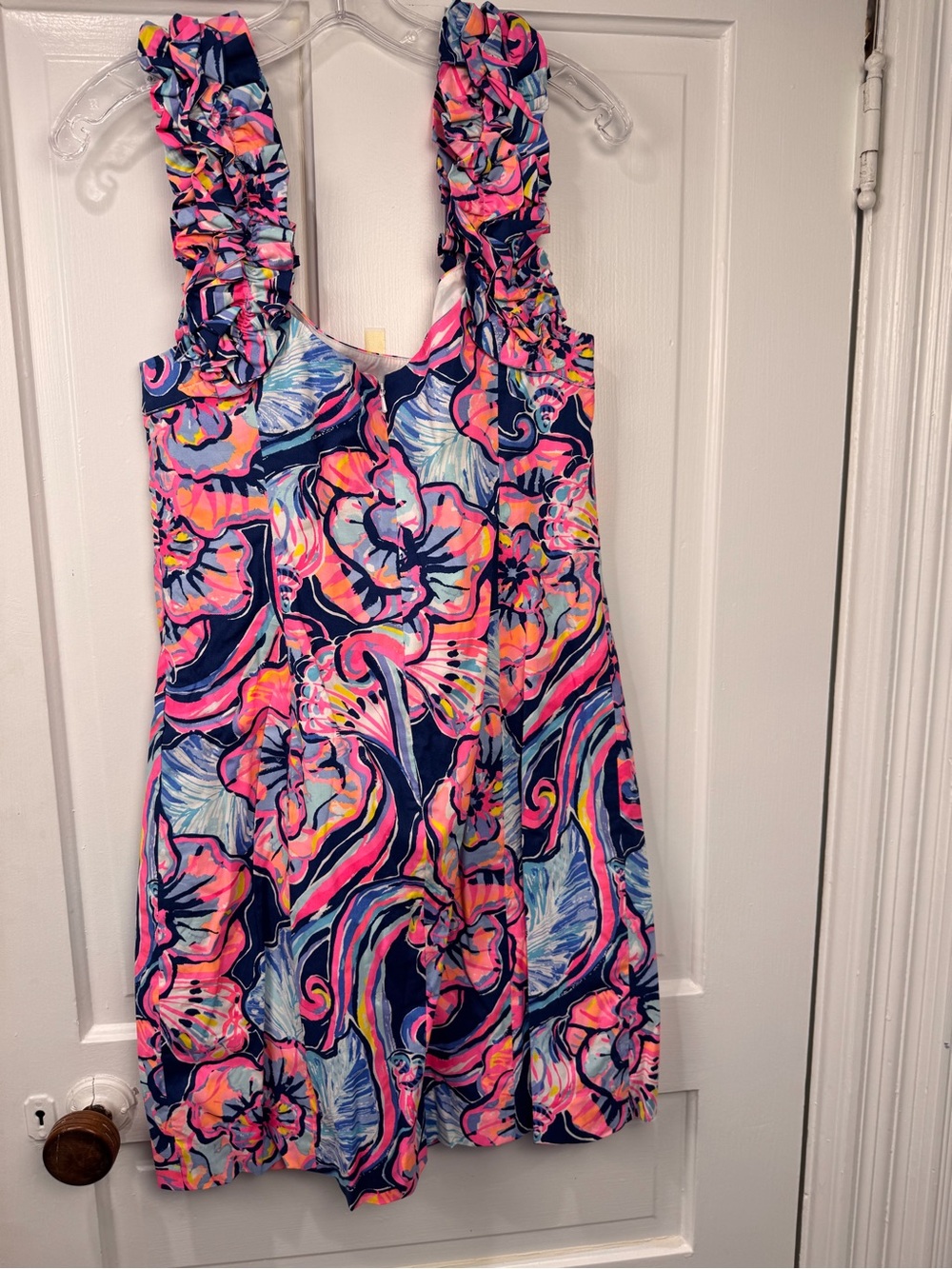 Vibrant Floral Ruffle Strap Dress - Navy & Neon Pink - Picture 2 of 4